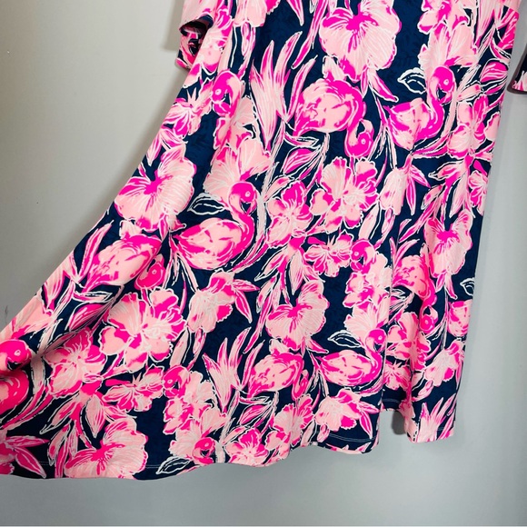 LILLY PULITZER STIRLING DRESS STYLE 001144 INKY NAVY FLAMINGLE XS RUFFLE A-LINE - Picture 9 of 14